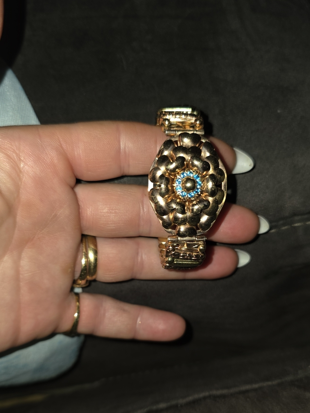 Antique Gold Over Sterling Floral Stretch Bracelet with Blue Crystal Center